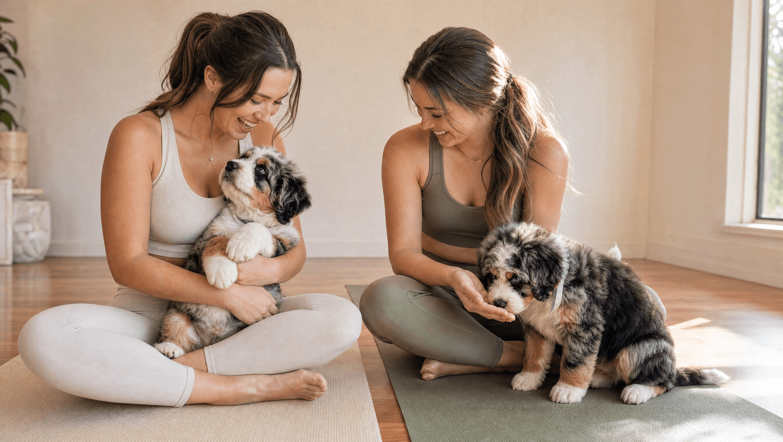 Two friends sit side-by-side on sage yoga mats in a Brisbane studio, each with a small bernedoodle puppy. Both are smiling and engaged with their puppy in a quiet candid moment between poses.